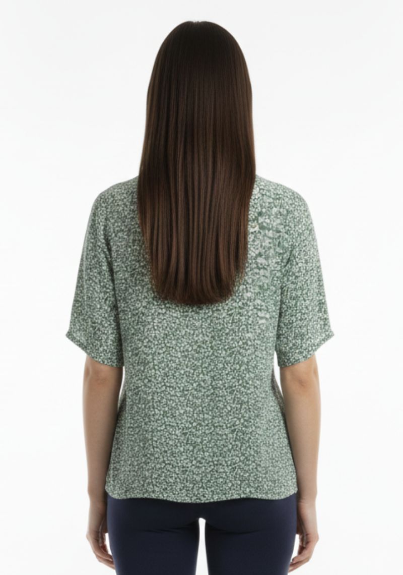 WOMENS WESTERN TOP [SL] - GREEN AND WHITE PRINTED