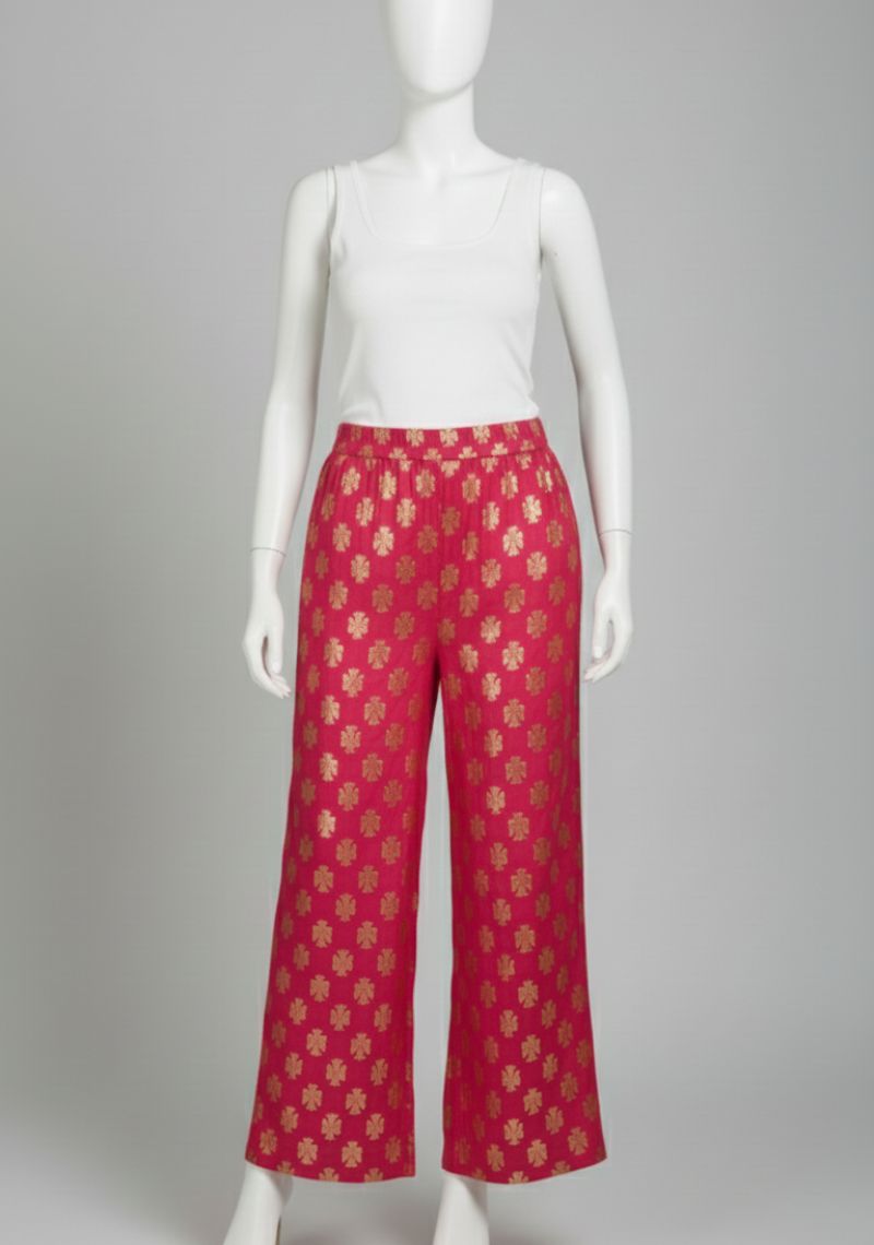 WOMENS PALAZZO - FUSCHIA PINK AND GOLDEN PRINTED