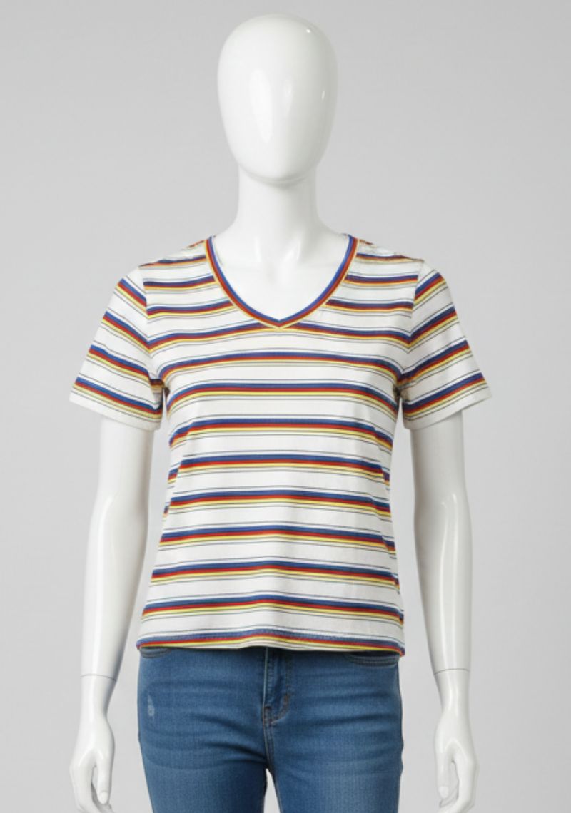WOMENS T-SHIRT [MD] - BLUE,RED& YELLOW STRIPES