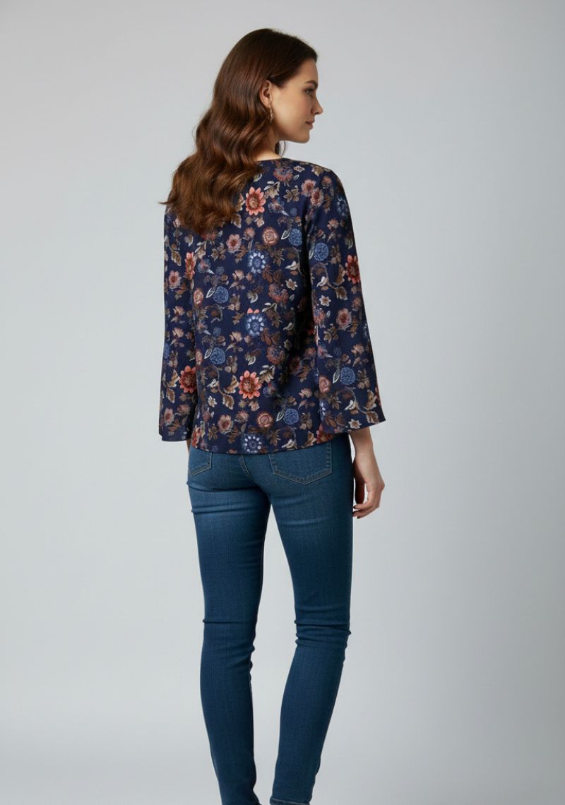 WOMEN WESTERN TOP - DARK BLUE AND FLORAL PRINTED