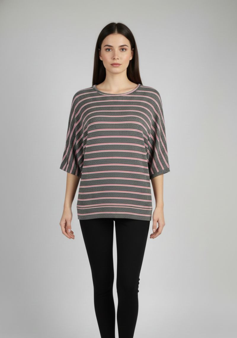 WOMEN T-SHIRT (SL)-GRAY PINK MXD