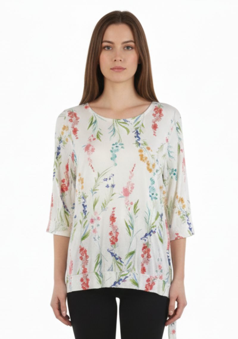WOMENS WESTERN TOP [SL] - WHITE AND MULTI COLOR PRINTED