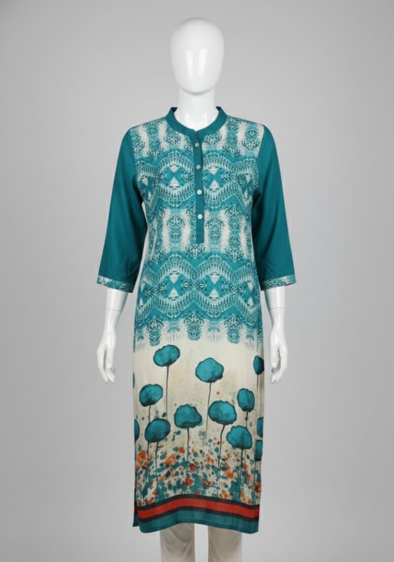 WOMENS KURTIS - TEAL GREEN AND WHITE PRINTED