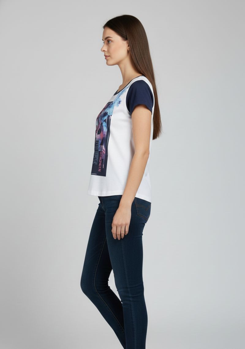 WOMEN WESTERN TOP - WHITE AND NAVY BLUE PAINTED