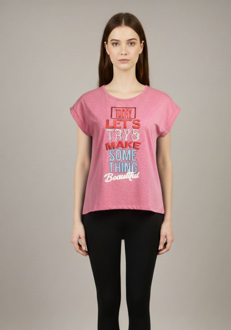 WOMEN T-SHIRT (SL)-PINK MXD