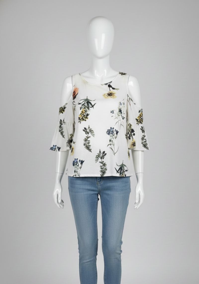 WOMEN WESTERN TOP - WHITE AND GREEN FLORAL PRINT