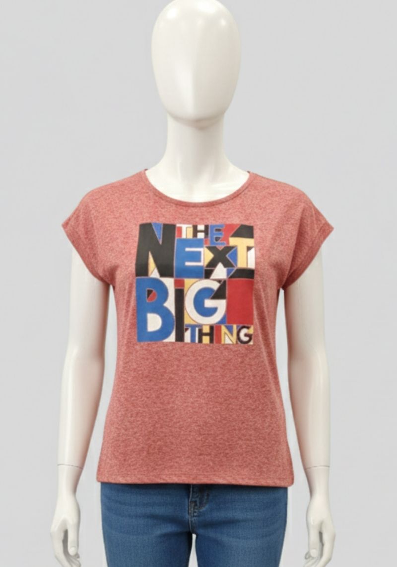 WOMENS T-SHIRT [ MD] - RED MELANGE & MULTI COLOUR PRINTED
