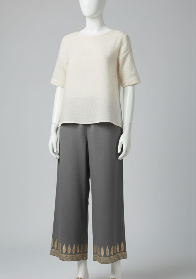 WOMENS PALAZZO - GREY AND GOLDEN LEAF PRINTED