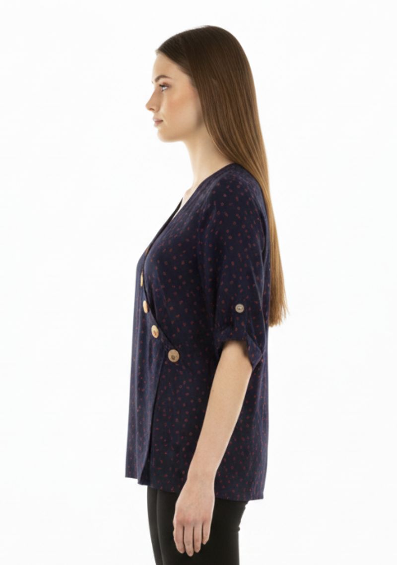 WOMENS WESTERN TOP [SL] - NAVY BLUE PRINTED