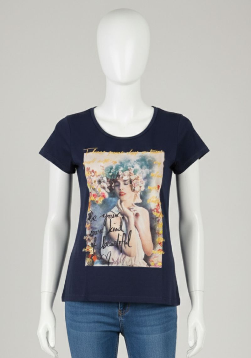 WOMENS T-SHIRT [MD] - NAVY BLUE & MULTI COLOR PRINT