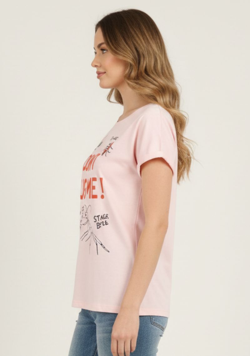 WOMENS T-SHIRT [MD] - LIGHT PINK SHADE & MULTI COLOR PRINT