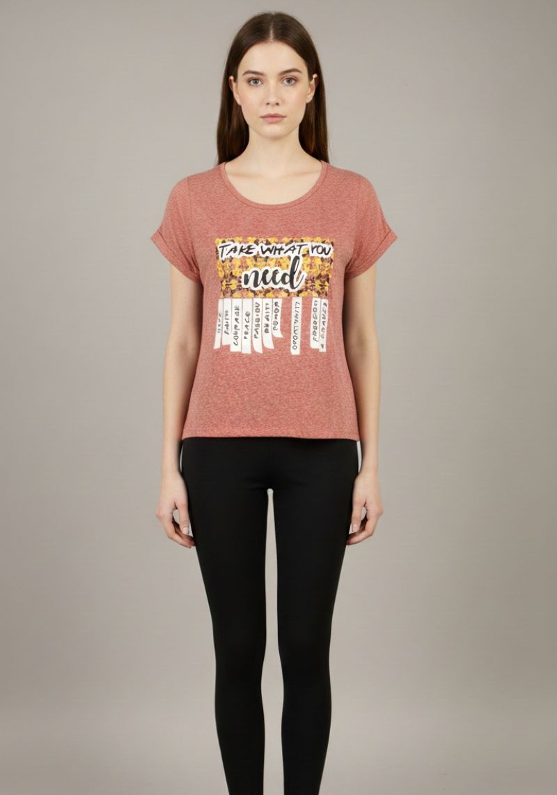 WOMEN T-SHIRT (SL)- LIGHT RED MXD