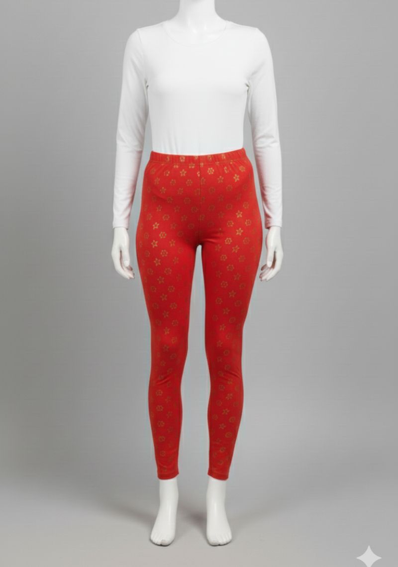 WOMENS LEGGINGS [MD] - RED AND GOLDEN FLORAL PRINTED