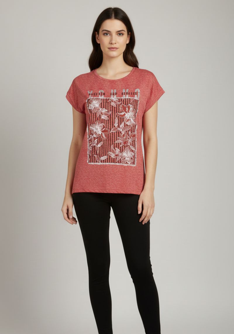 WOMEN T-SHIRT (SL)- LIGHT RED MXD