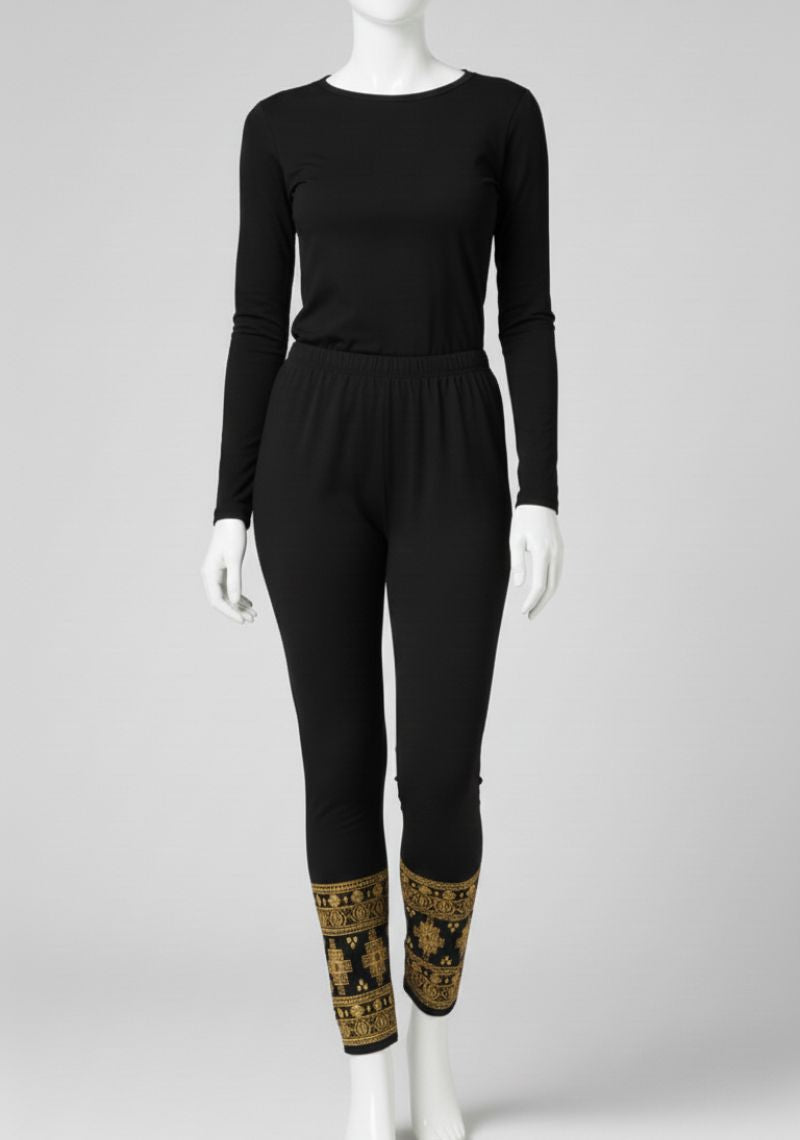 WOMENS LEGGINGS [MD] - PLAIN BLACK AND GOLDEN PRINTED