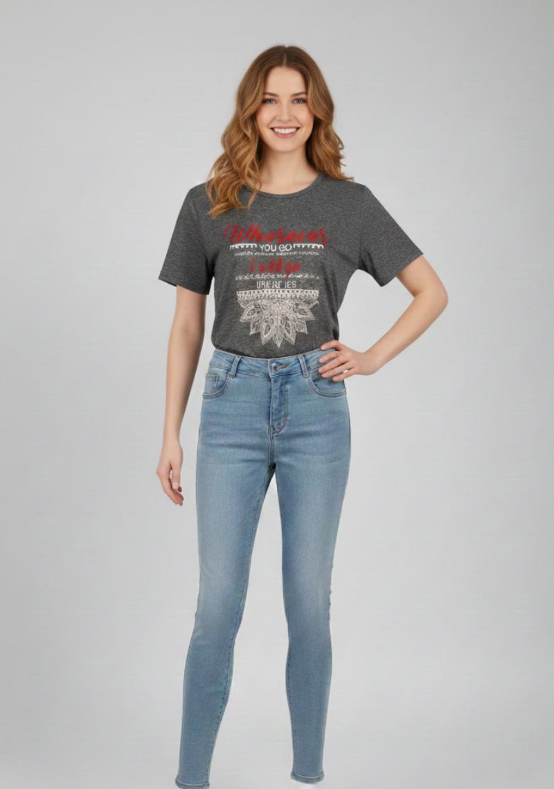 WOMEN T-SHIRT (SL)-DARK GRAY MXD