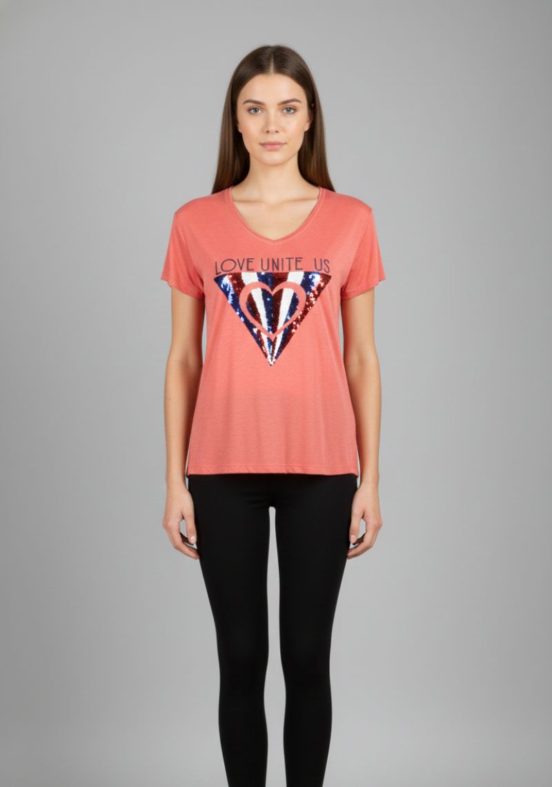 WOMEN T-SHIRT (SL)- BRICK RED MXD