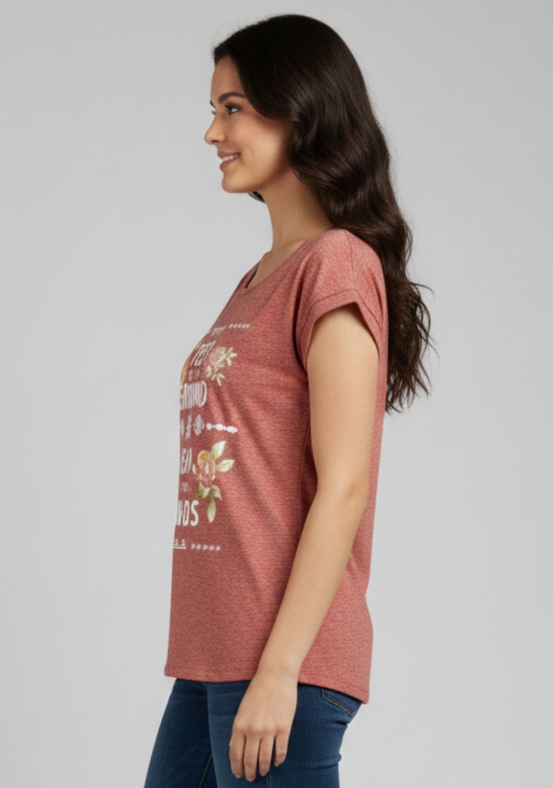 WOMENS T-SHIRT [MD] - RED MELANGE [MULTI COLOR PRINTED]