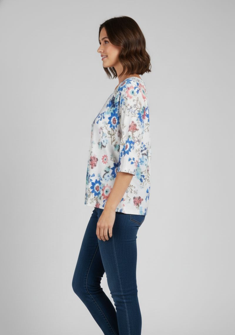 WOMEN WESTERN TOP - WHITE AND BLUE FLORAL PRINT