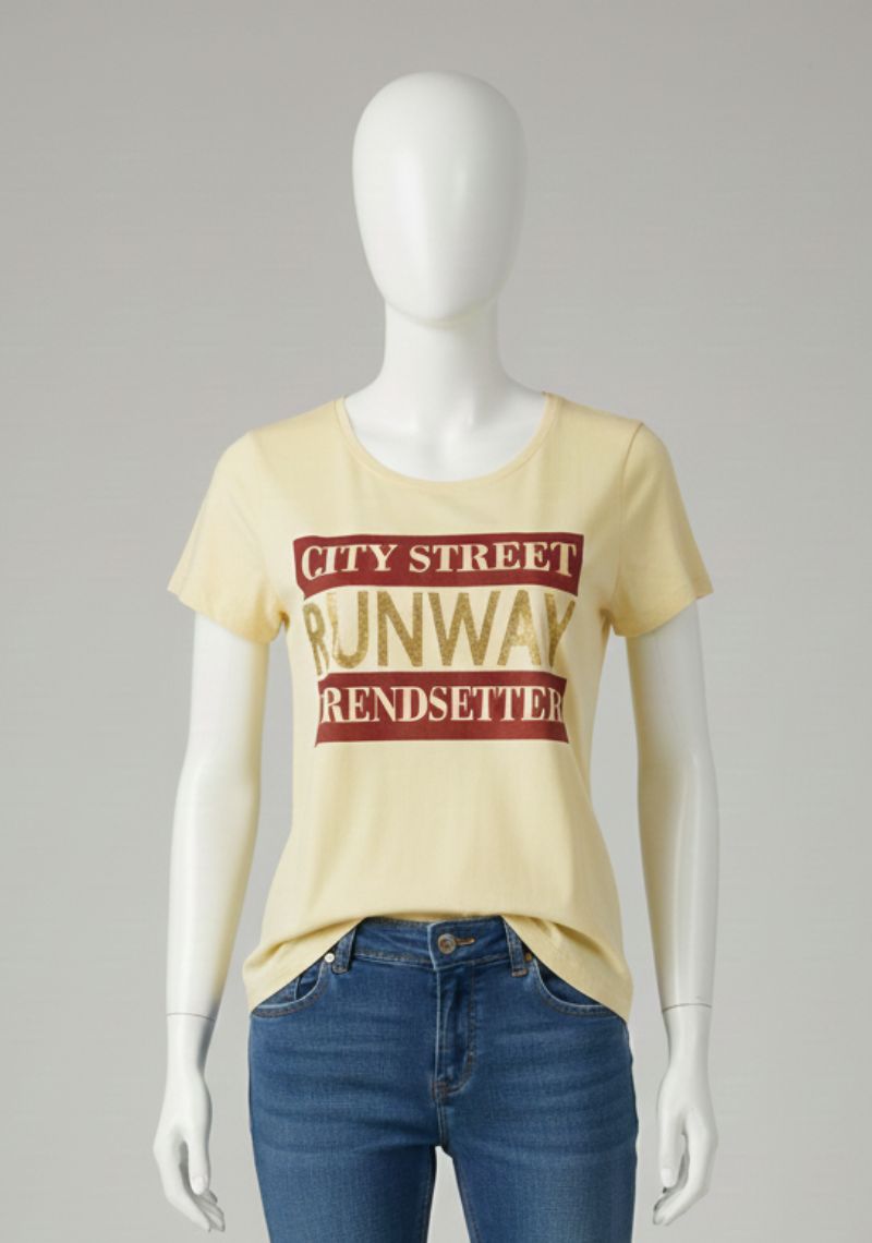 WOMENS T-SHIRT - LIGHT YELLOW AND MULTI COLOR PRINTED