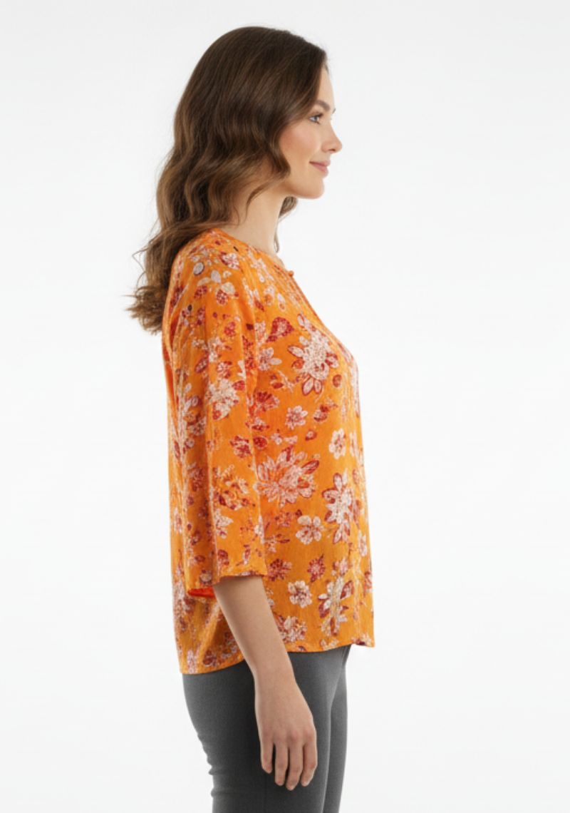 WOMENS WESTERN TOP [SL] - ORANGE FLORAL PRINT
