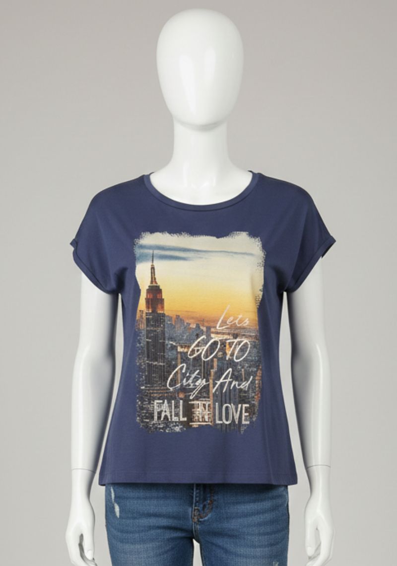 WOMENS T-SHIRT [MD] - DARK BLUE & MULTI COLOR PRINTED