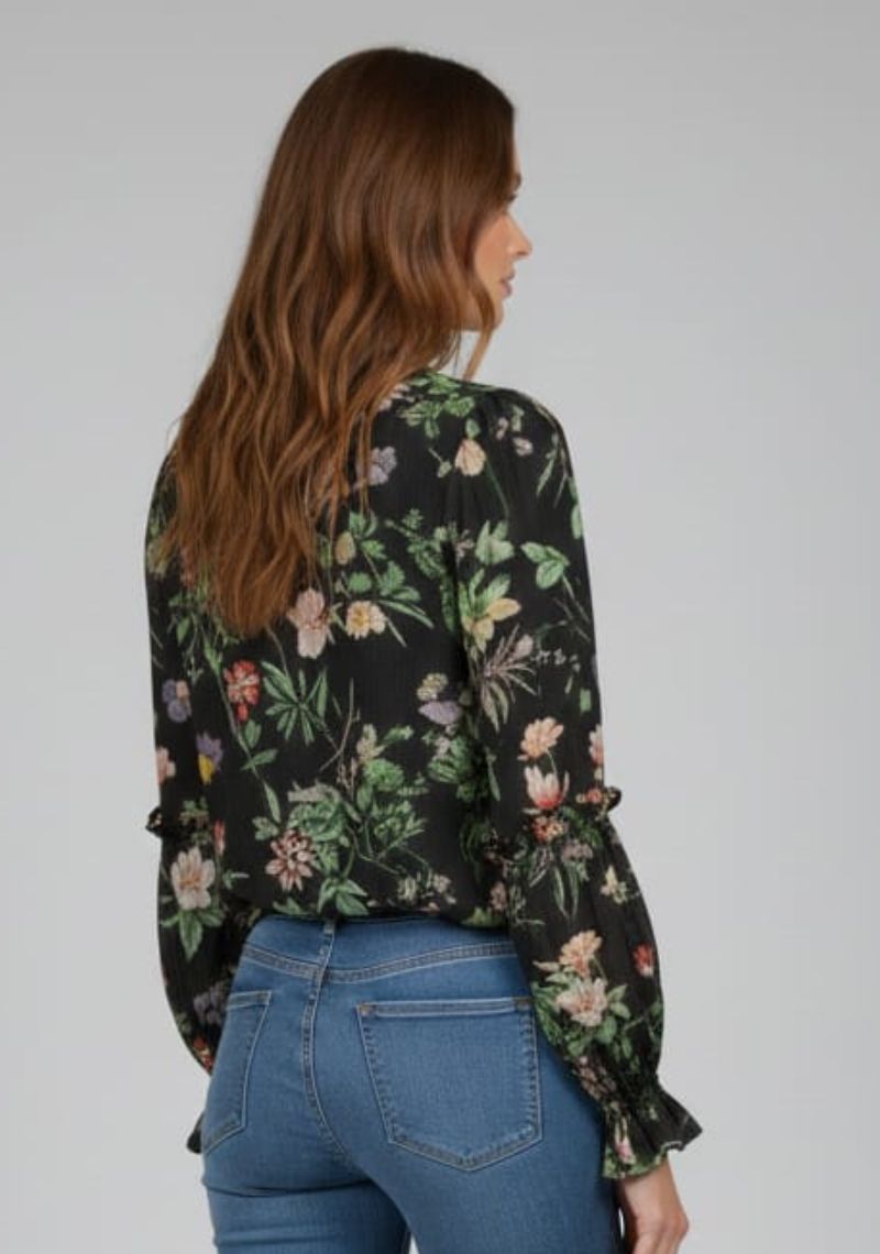 WOMENS WESTERN TOP [SL] - BLACK AND MULTI COLOR FLORAL PRINTED