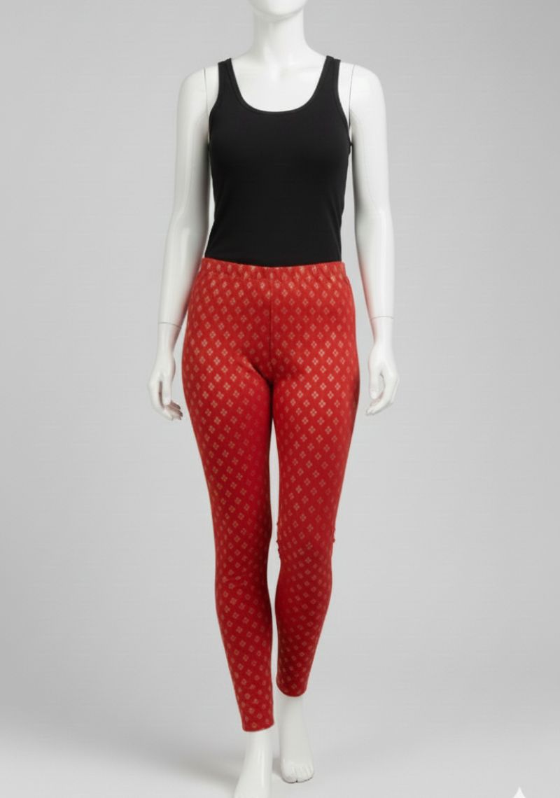 WOMENS LEGGINGS [MD] - BRIGHT RED AND GOLD PRINT