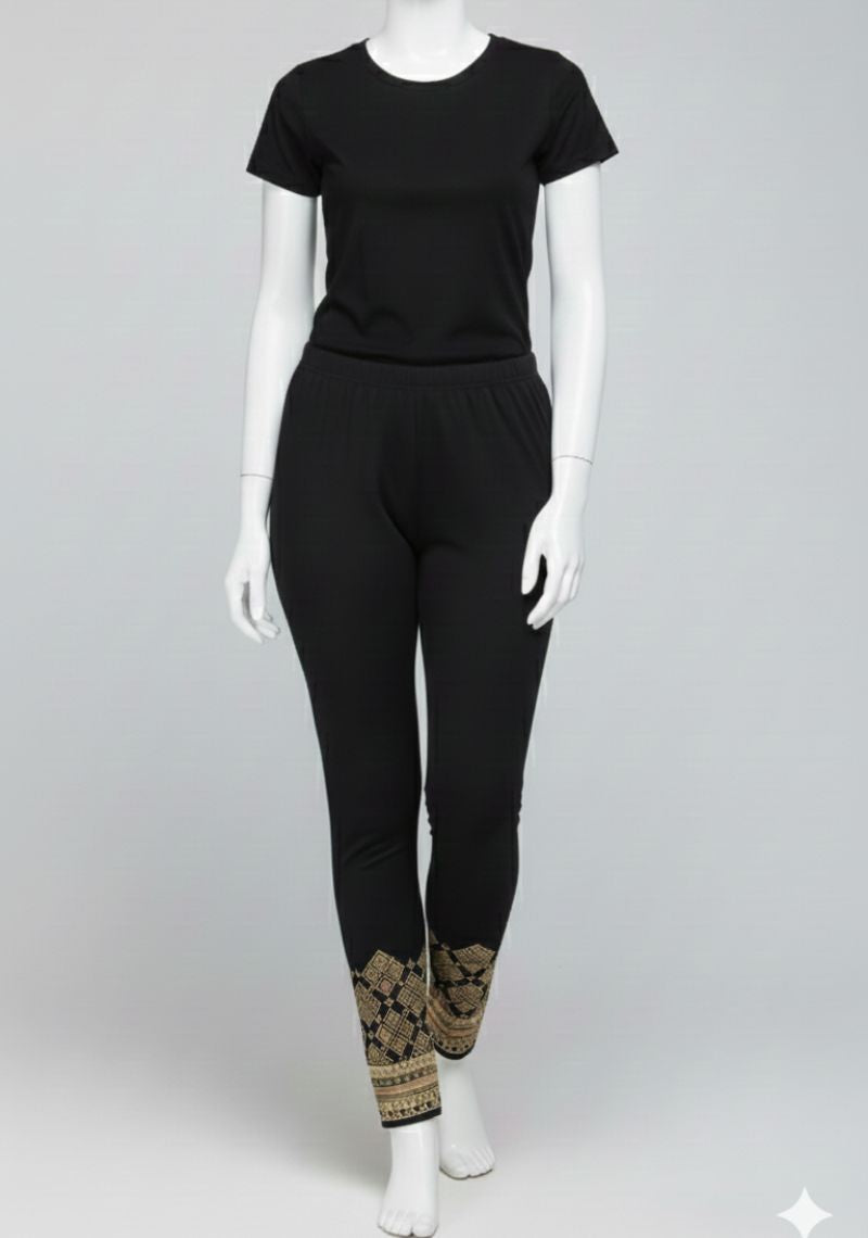 WOMENS LEGGINGS [MD] - BLACK AND SANDAL PRINT
