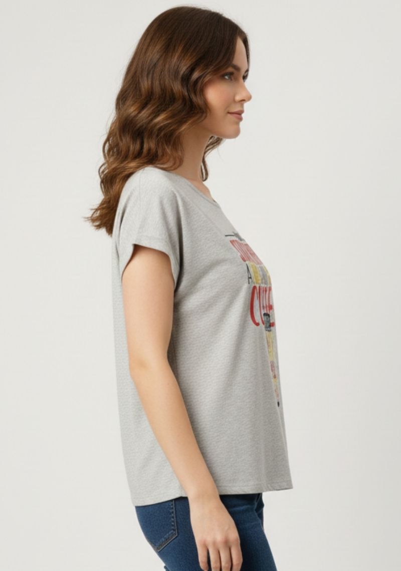 WOMEN T-SHIRT [MD] - LIGHT GREY [MULTI COLOR PRINTED ]