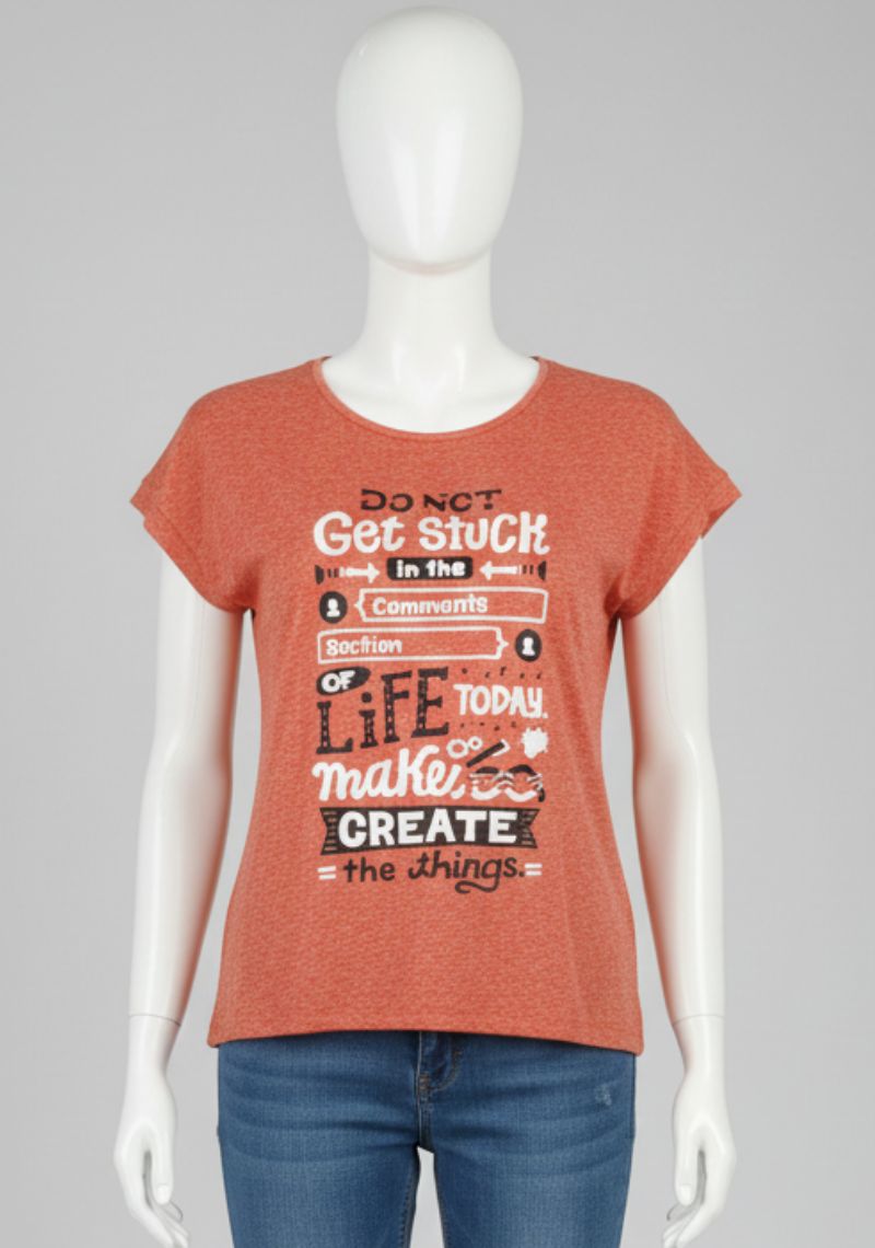 WOMENS T-SHIRT [MD] - ORANGE [BLACK AND WHITE PRINTED ]