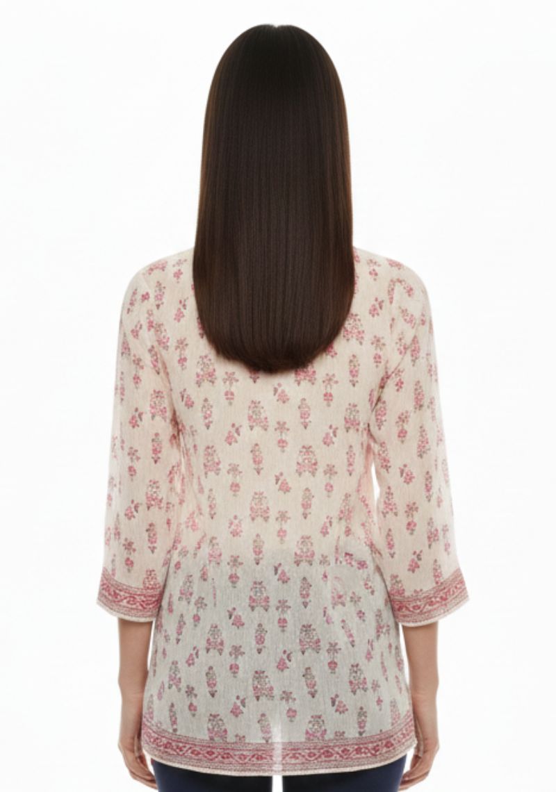 WOMENS WESTERN TOP [SL] - WHITE AND LIGHT PINK FLORAL PRINT