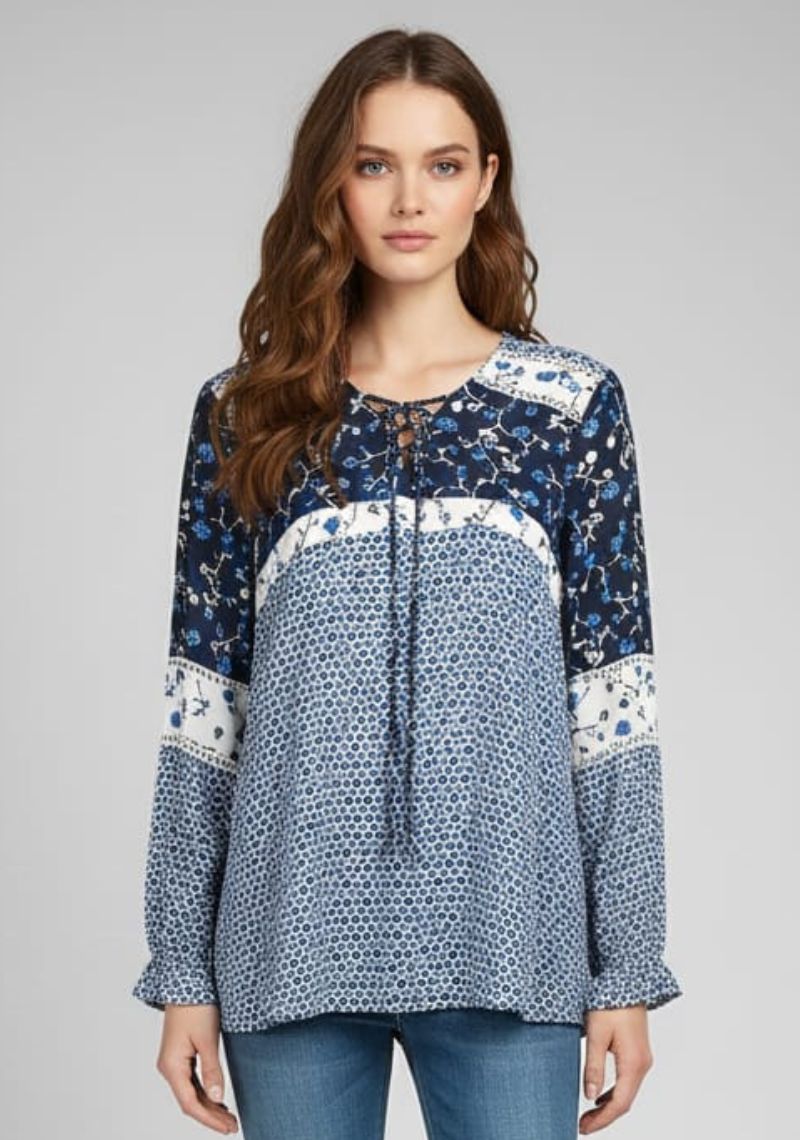 WOMENS WESTERN TOP [SL] - DARK BLUE AND SKY BLUE PRINT
