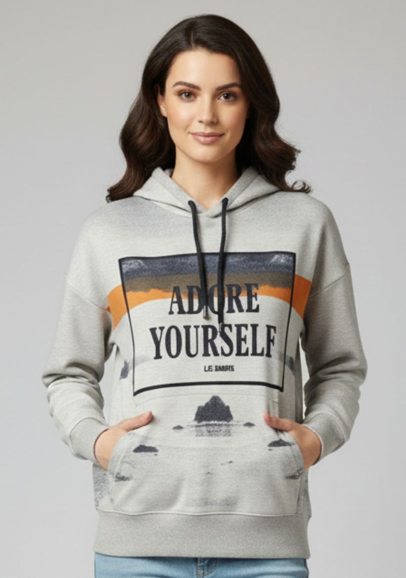 WOMEN SWEATSHIRT - PLAIN GREY AND FRONT MULTI CLOR PRINTED
