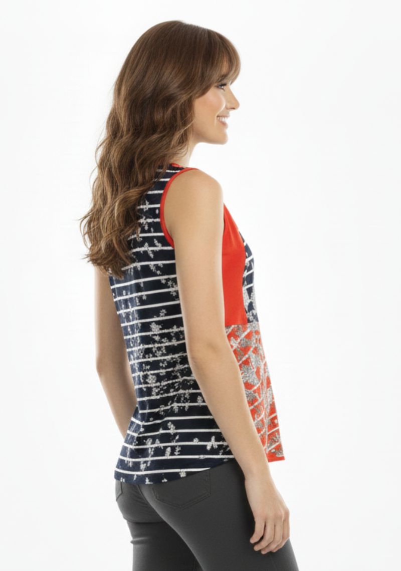 WOMENS WESTERN TOP [SL] - DARK BLUE & ORANGE PRINT