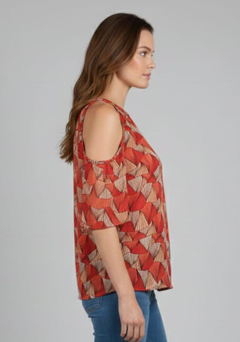 WOMENS WESTRN TOP [SL] - RED AND ORANGE PRINT