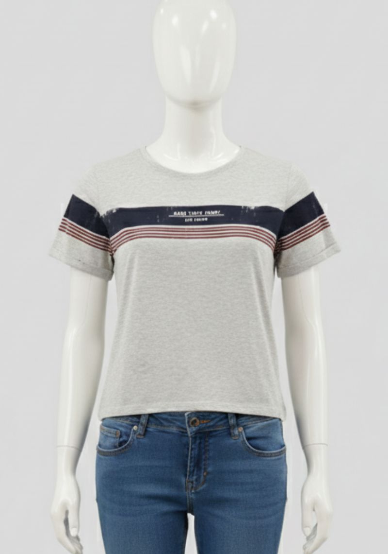 WOMENS T-SHIRT [MD] - LIGHT GREY , BLACK & MULTI COLOR STRIPES