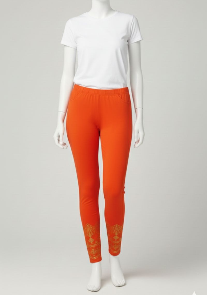 WOMENS LEGGINGS [MD] - ORANGE AND GOLDEN PRINTED