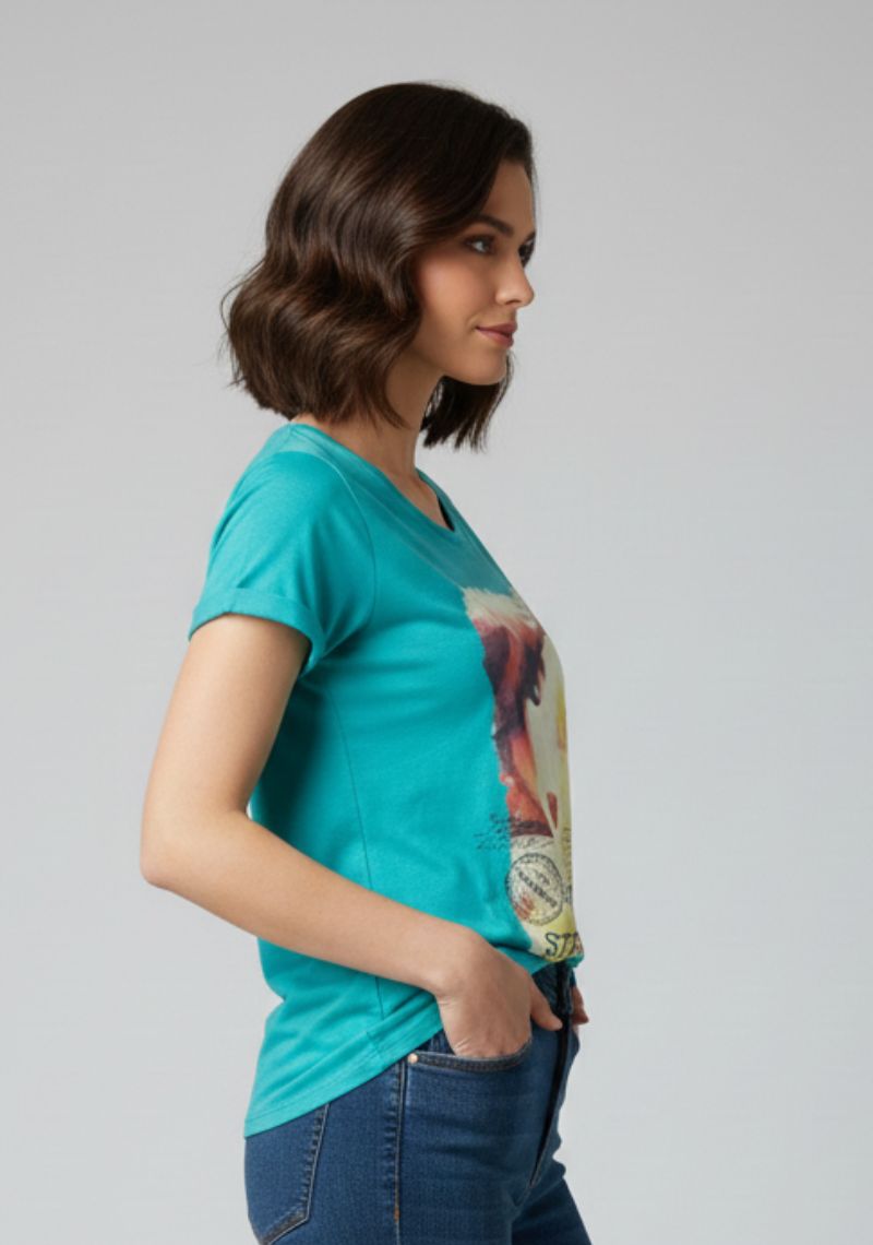 WOMENS T-SHIRT - TEAL GREEN PRINTED