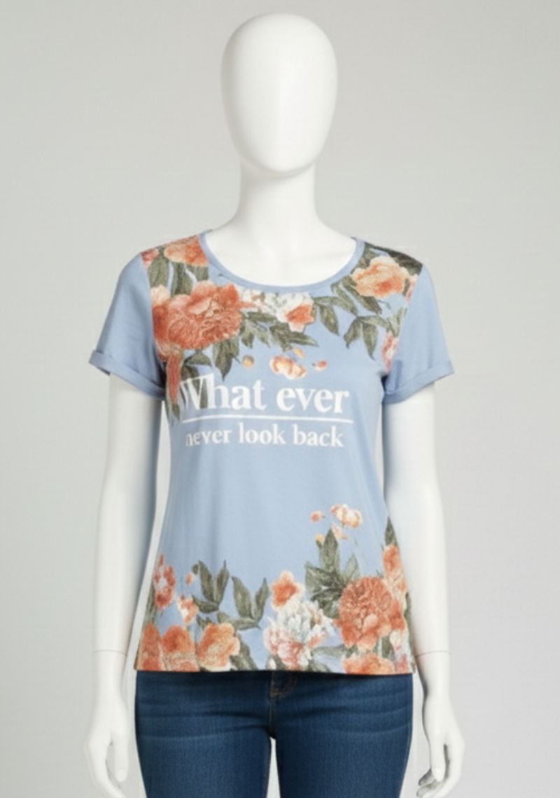 WOMENS T-SHIRT [MD] - SEA BLUE & FLORAL PRINTED