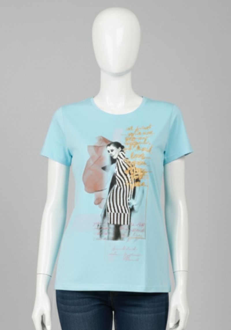 WOMENS T-SHIRT [MD] - SEA BLUE & MULTI COLOR PRINT