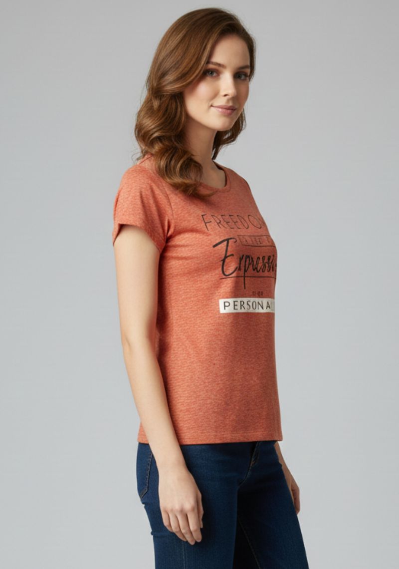 WOMENS T-SHIRT [MD] - ORANGE MELANGE & MULTI COLOR PRINT