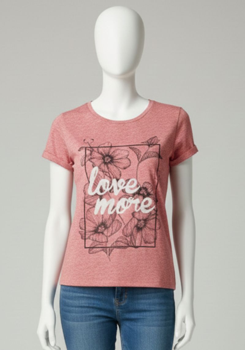 WOMENS T-SHIRT [MD] - RED MELANGE [BLACK AND WHITE PRINT]