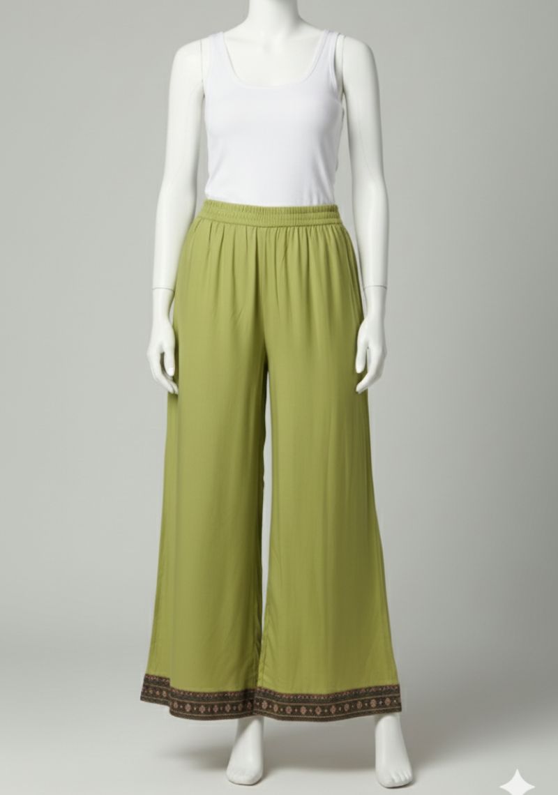 WOMENS PALAZZO - PEAR GREEN AND BLACK PRINTED