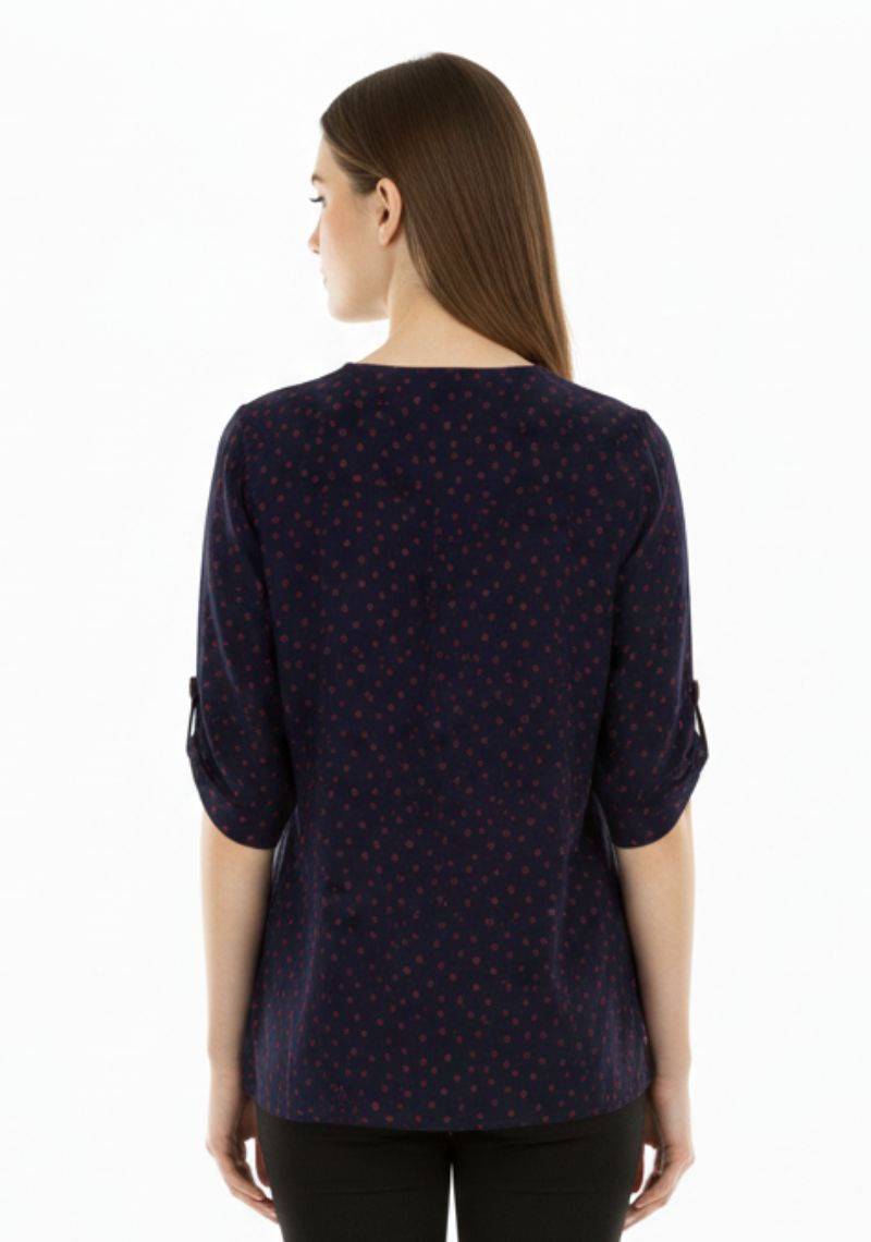 WOMENS WESTERN TOP [SL] - NAVY BLUE PRINTED