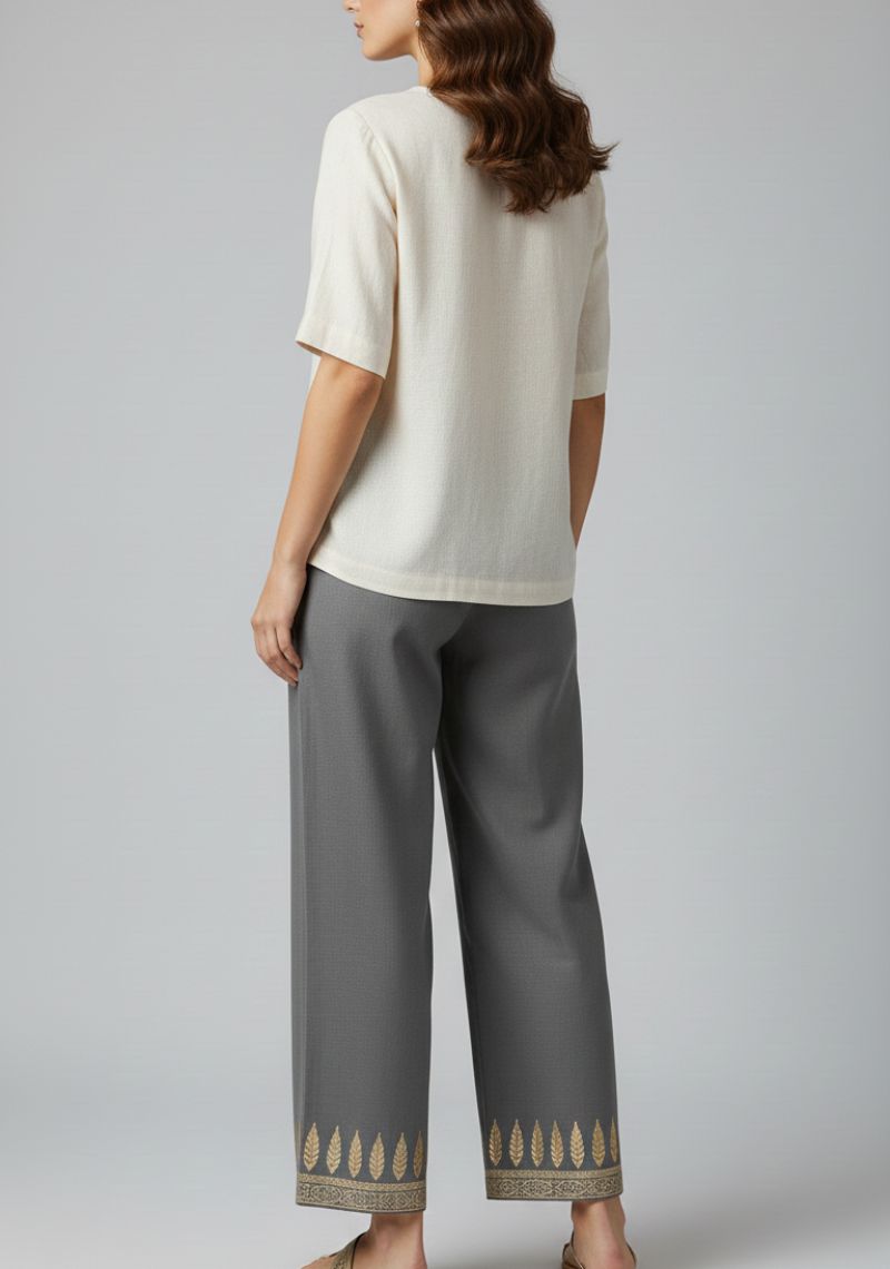 WOMENS PALAZZO - GREY AND GOLDEN LEAF PRINTED