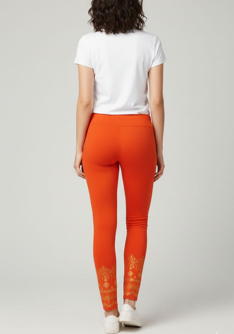 WOMENS LEGGINGS [MD] - ORANGE AND GOLDEN PRINTED