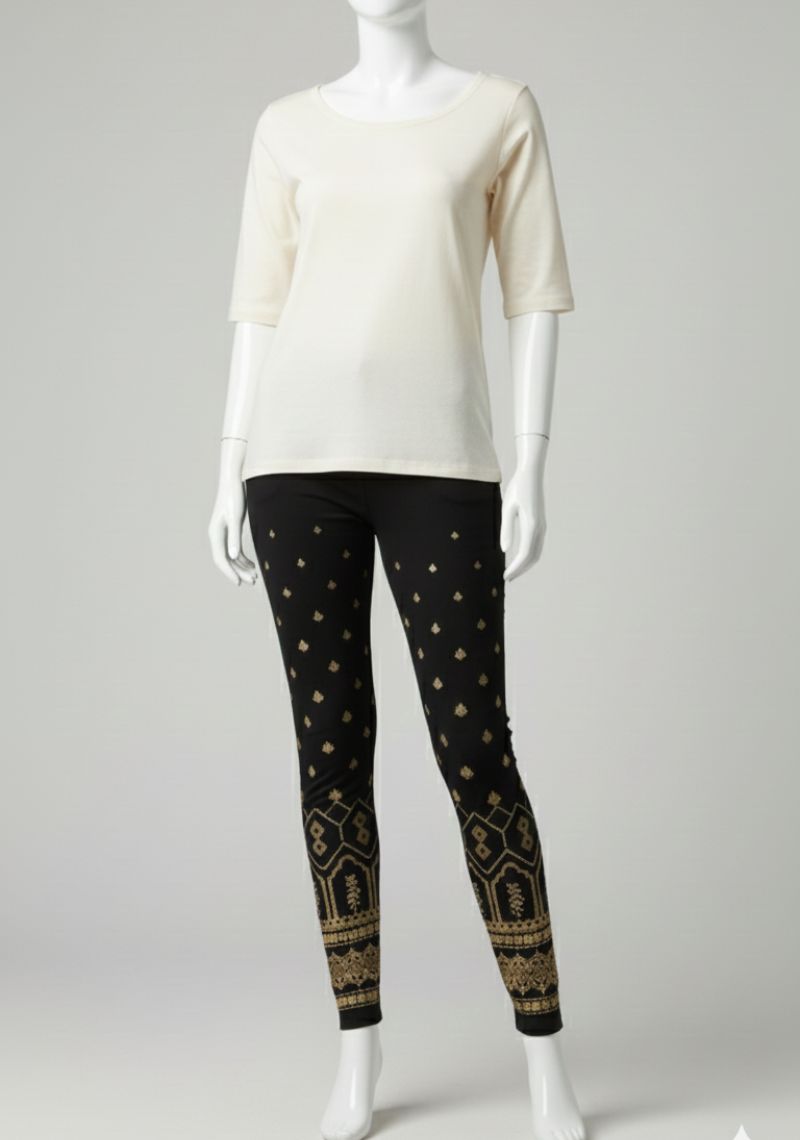 WOMENS LEGGINGS [MD] - BLACK AND GOLDEN COLOR PRINTED