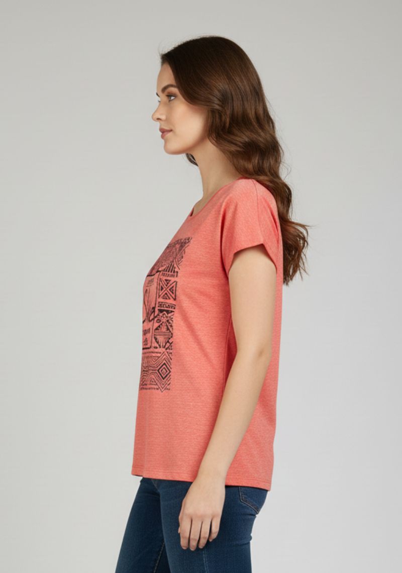 WOMENS T-SHIRT - LIGHT RED AND BLACK PRINTED
