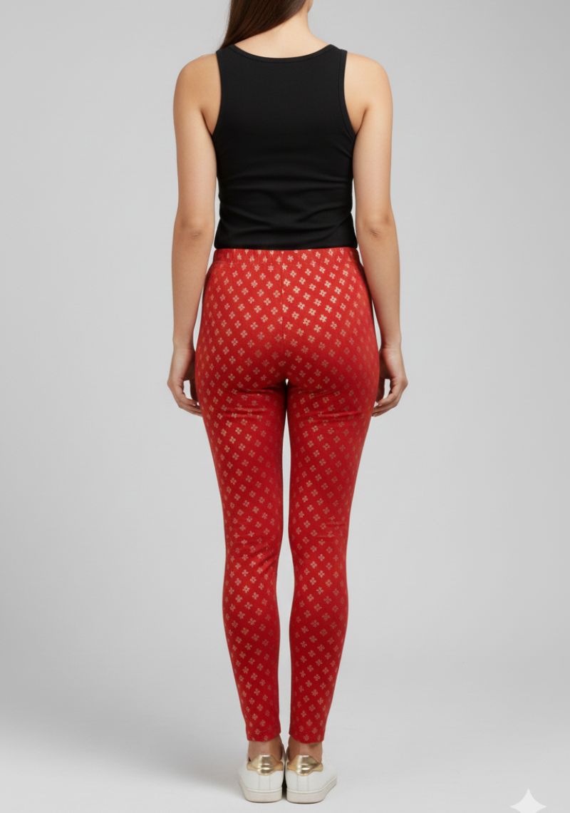 WOMENS LEGGINGS [MD] - BRIGHT RED AND GOLD PRINT